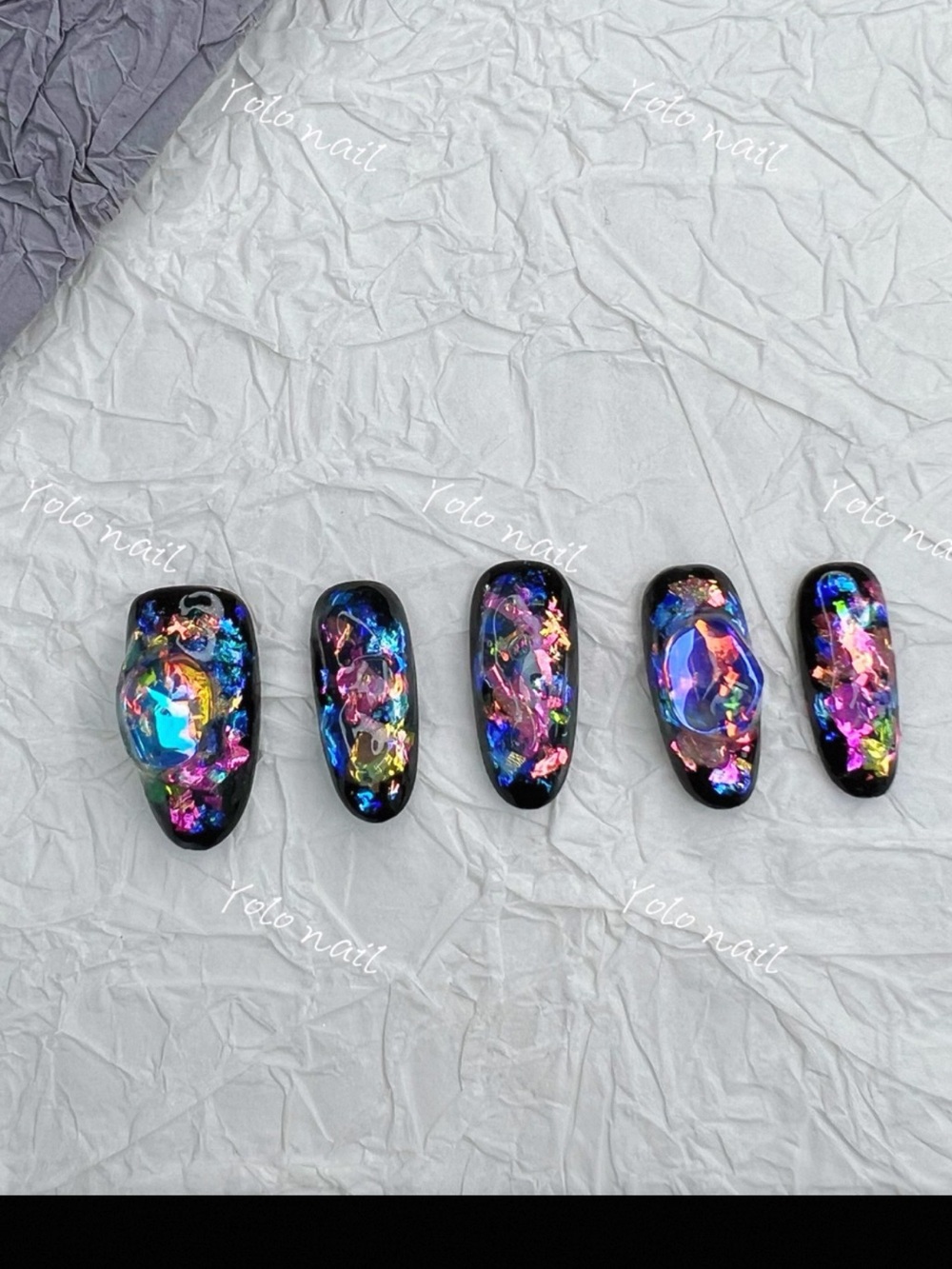 Hand made Holographic Multi-Color Resin Press-On Nails on Black